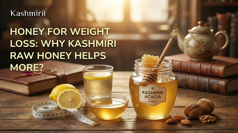 An evocative image featuring a jar of Kashmiri Acacia Honey on a rustic wooden table, accompanied by lemons, a measuring tape, and walnuts, titled "HONEY FOR WEIGHT LOSS: WHY KASHMIRI RAW HONEY HELPS MORE?".