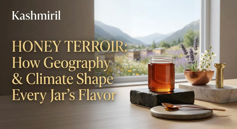 HONEY TERROIR: How Geography & Climate Shape Every Jar's Flavor. Golden honey jar, copper spoon, and wildflowers by a scenic window.