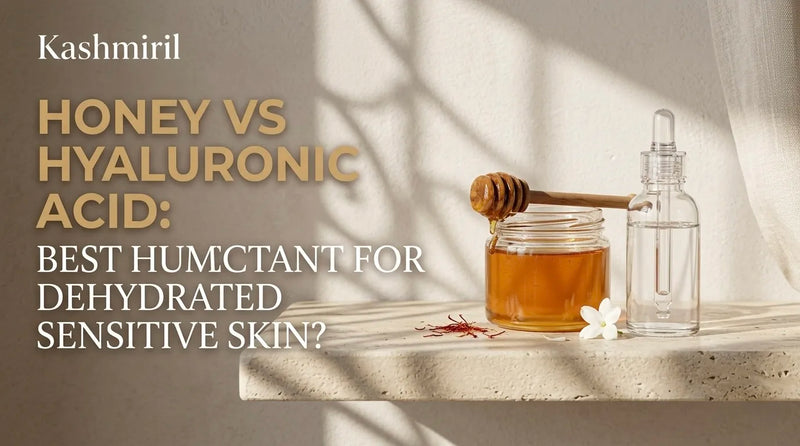 Kashmiril - HONEY VS HYALURONIC ACID: BEST HUMECTANT FOR DEHYDRATED SENSITIVE SKIN? Jar of honey with dropper bottle on a sunlit stone shelf.