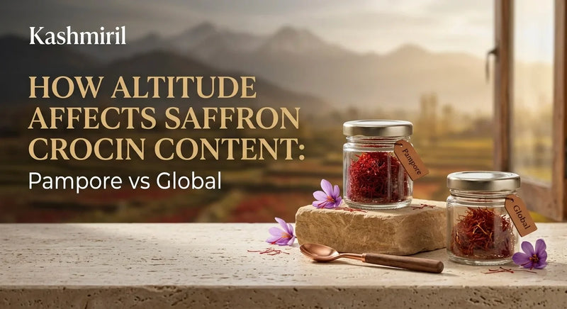 Kashmiril - HOW ALTITUDE AFFECTS SAFFRON CROCIN CONTENT: Pampore vs Global. Two glass jars of vibrant saffron threads labeled Pampore and Global on stone with purple crocus flowers and copper spoon against Himalayan backdrop.