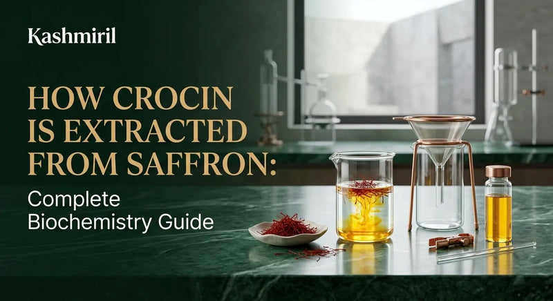 Kashmiril - HOW CROCIN IS EXTRACTED FROM SAFFRON: Complete Biochemistry Guide. Lab setup with saffron steeping in beaker, funnel, and extraction equipment on green marble surface.