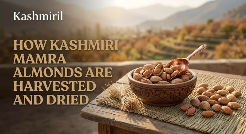 Kashmiril - HOW KASHMIRI MAMRA ALMONDS ARE HARVESTED AND DRIED. Carved wooden bowl overflowing with Kashmiri Mamra almonds and copper scoop on woven mat with Himalayan backdrop.