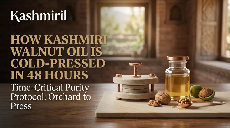 Kashmiril - HOW KASHMIRI WALNUT OIL IS COLD-PRESSED IN 48 HOURS: Time-Critical Purity Protocol: Orchard to Press. Traditional wooden press with fresh walnuts and glass jar of golden oil on wooden board in rustic setting.
