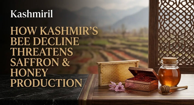 Kashmiril - HOW KASHMIR’S BEE DECLINE THREATENS SAFFRON & HONEY PRODUCTION. Honey jar, saffron box and honeycomb with Himalayan mountain background.