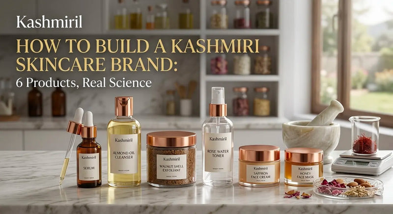 Kashmiril - HOW TO BUILD A KASHMIRI SKINCARE BRAND: 6 Products, Real Science. Complete lineup of Kashmiril skincare products including serum, cleanser, exfoliant, toner, creams and saffron on marble counter.