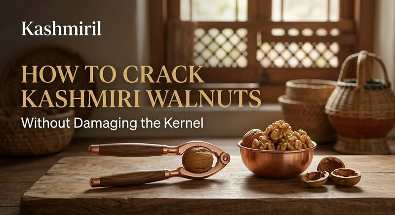 Kashmiril - HOW TO CRACK KASHMIRI WALNUTS Without Damaging the Kernel. Copper walnut cracker with bowl of walnuts on wooden table.