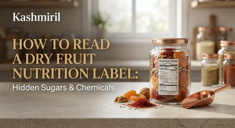 Kashmiril - HOW TO READ A DRY FRUIT NUTRITION LABEL: Hidden Sugars & Chemicals. Glass jar of mixed dry fruits with visible nutrition facts label and copper scoop.