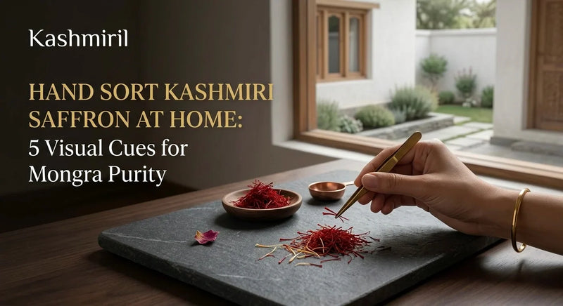 Hand Sort Kashmiri Saffron at Home: 5 Visual Cues for Mongra Purity. Hand using tweezers on saffron.