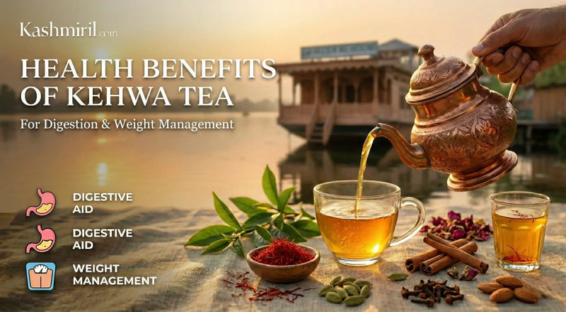 Tea being poured into a cup with health benefits of Kehwa tea text and scenic background.
