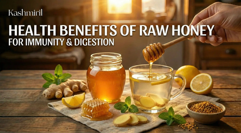 Health benefits of raw honey for immunity and digestion with honey jar, cup of tea, and lemon on a wooden table.
