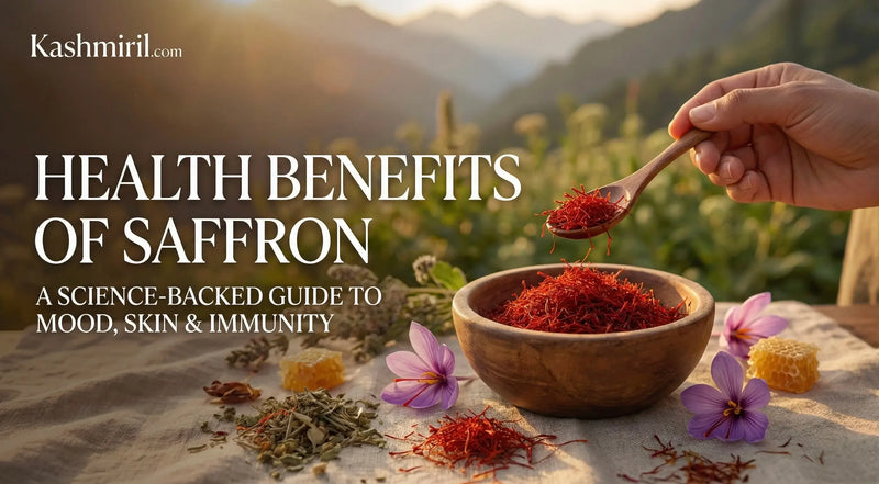 Health benefits of saffron with a hand holding a spoon over a bowl of saffron on a scenic background.