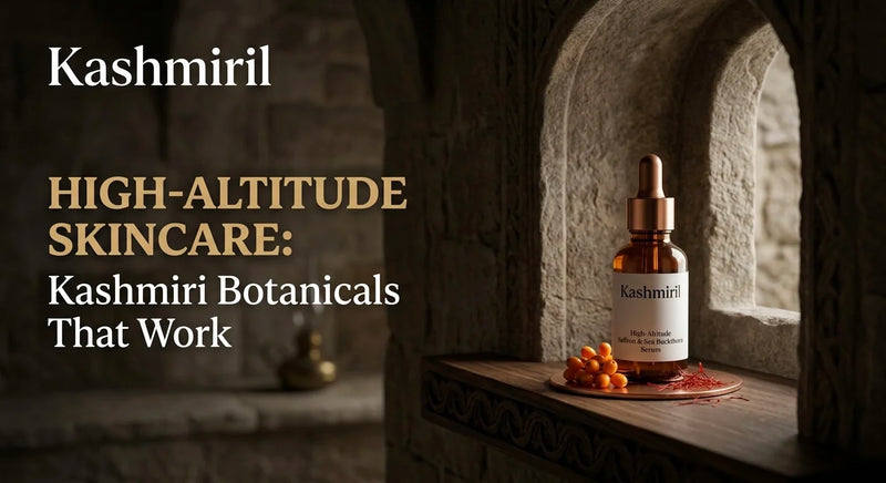 Kashmiril - High-Altitude Skincare: Kashmiri Botanicals That Work. Luxury saffron & sea buckthorn serum bottle in ancient stone alcove.