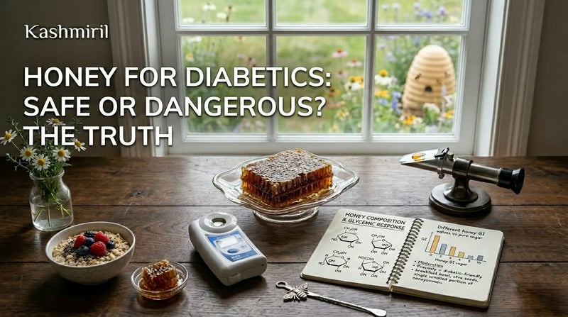 Honey for diabetics: safe or dangerous? The truth — honeycomb, glucose monitor, and glycemic index chart on a wooden table.