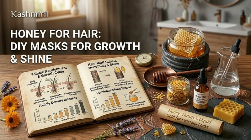Honey for hair: DIY masks for growth & shine — Kashmiril raw honey jar, hair science diagrams, and natural hair care ingredients.