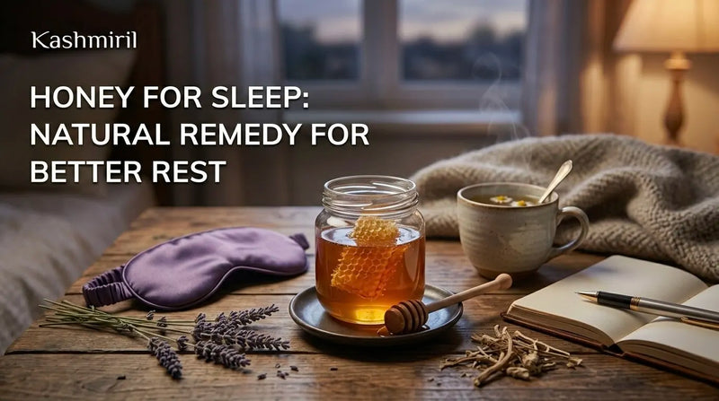 Honey for sleep: jar of raw honey with honeycomb, herbal tea, lavender, and sleep mask on a bedside table — natural remedy for better rest.