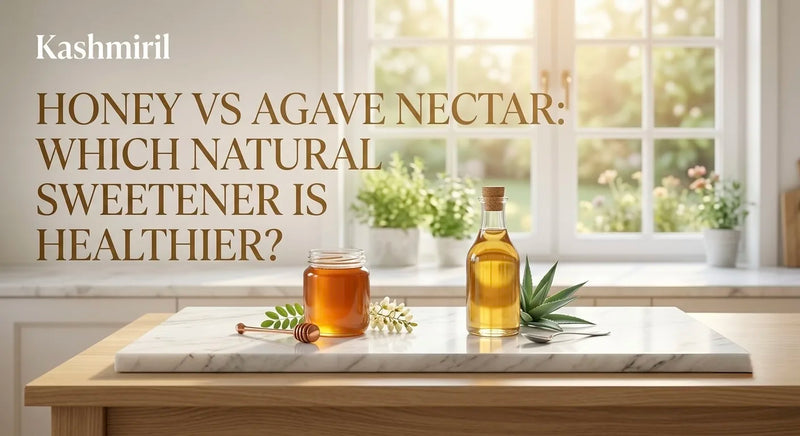 Honey vs Agave Nectar: Which Natural Sweetener is Healthier? A jar of honey and a bottle of agave nectar by a bright window.