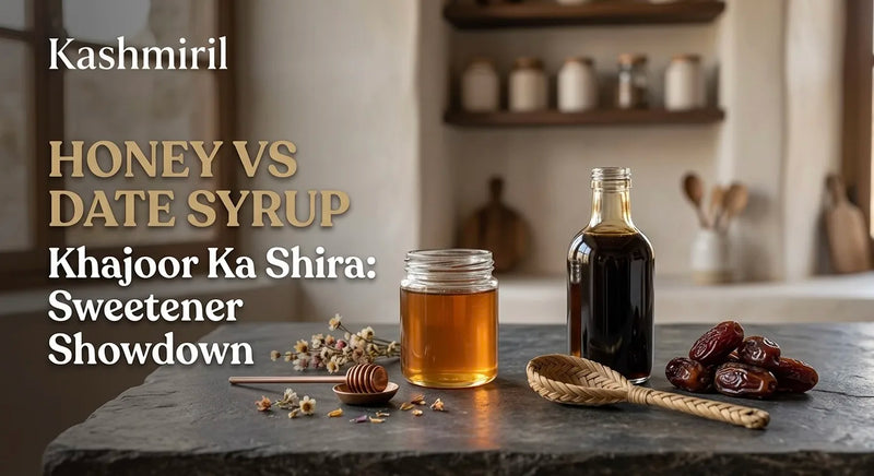 Honey vs Date Syrup Khajoor Ka Shira: Sweetener Showdown. Jar of raw honey, date syrup bottle, and fresh dates on a table.