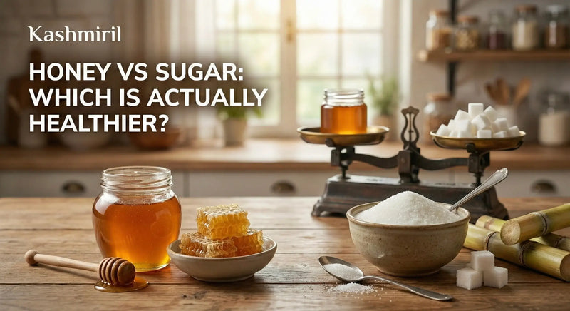 Honey jar with honeycomb and wooden dipper next to bowl of white sugar and sugarcane on rustic wooden table with balance scale with text "Honey vs Sugar: Which Is Actually Healthier?"