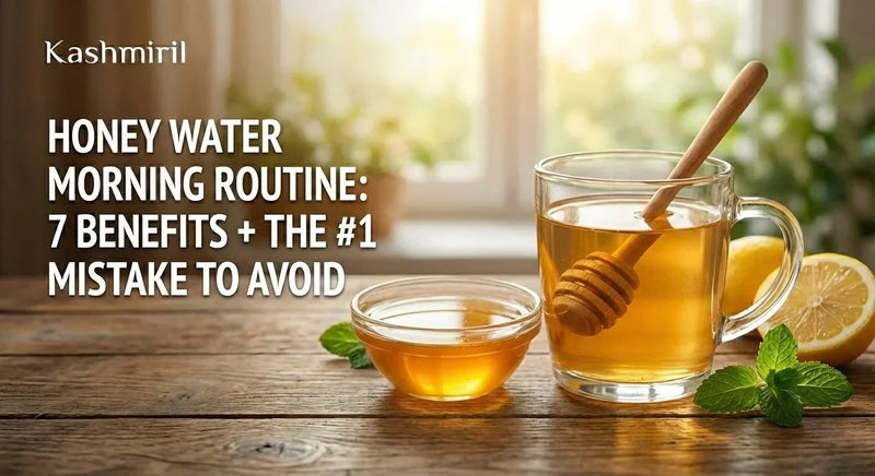 Honey water morning routine with glass of warm honey lemon water and honey dipper - 7 benefits and the #1 mistake to avoid