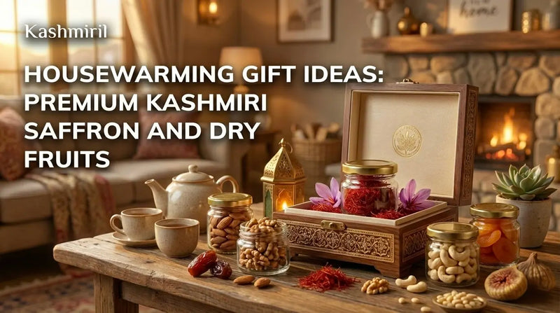 Premium Kashmiri saffron and an assortment of dry fruits in an elegant wooden box and jars, presented as housewarming gift ideas in a cozy living room.