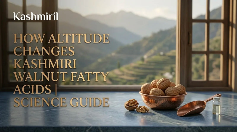 How Altitude Changes Kashmiri Walnut Fatty Acids | Science Guide. A copper bowl of fresh walnuts by a scenic mountain window.