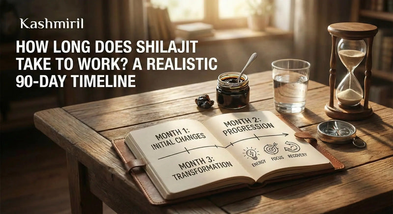 How Long Does Shilajit Take to Work? A Realistic 90-Day Timeline - Open journal showing month-by-month progression with Shilajit resin jar and hourglass on wooden table