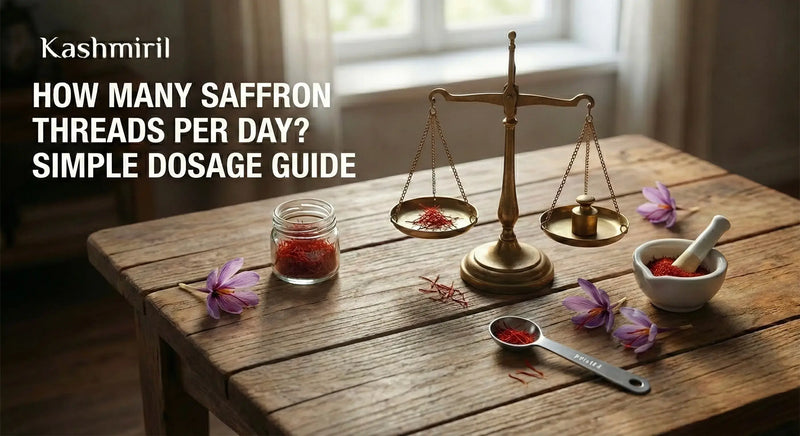 How Many Saffron Threads Per Day? Simple Dosage Guide - Brass balance scale with saffron threads, glass jar of Kashmiri saffron, mortar and pestle, and purple crocus flowers on rustic wooden table