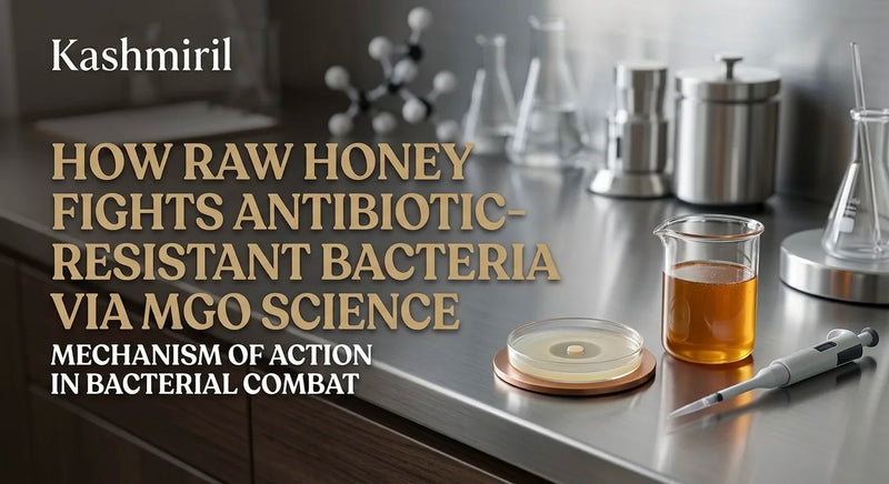 How Raw Honey Fights Antibiotic-Resistant Bacteria via MGO Science Mechanism of Action in Bacterial Combat. Honey in a lab.