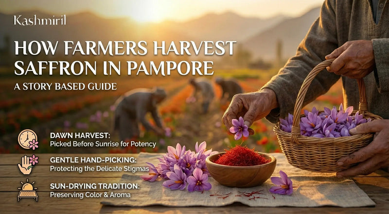 How farmers Harvest saffron in Pampore with text on farming practices