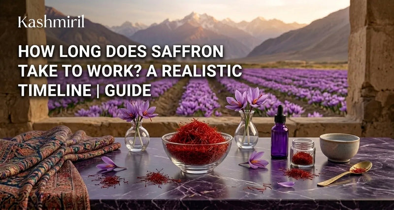 How long does saffron take to work? Kashmiri saffron threads, crocus flowers, and a dropper bottle on a marble table in Kashmir.