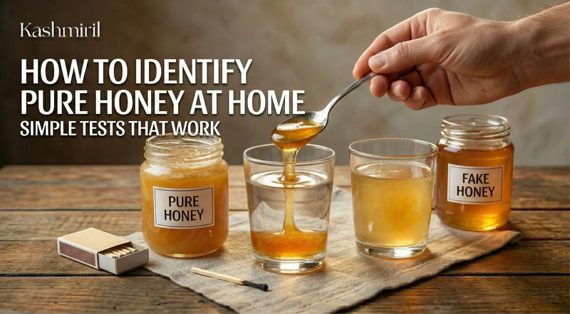 Person testing pure honey with a spoon over glasses labeled 'Pure Honey' and 'Fake Honey' on a wooden surface. With text featuring "How to Identify Pure Honey At Home"