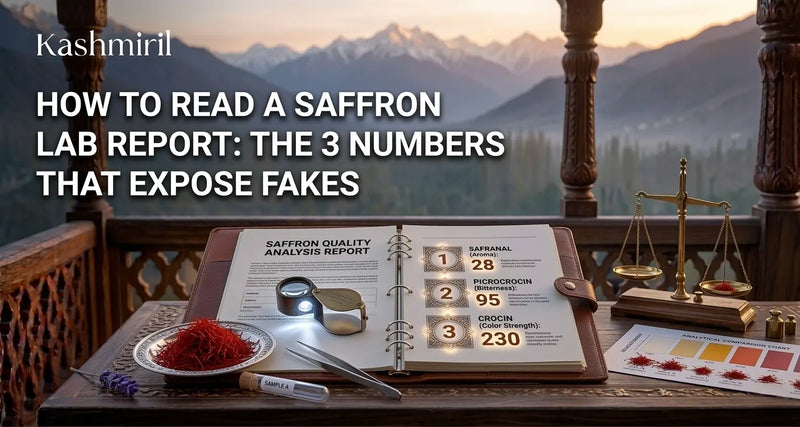 How to Read a Saffron Lab Report: The 3 Numbers That Expose Fakes. Kashmiril infographic detailing saffron purity metrics.