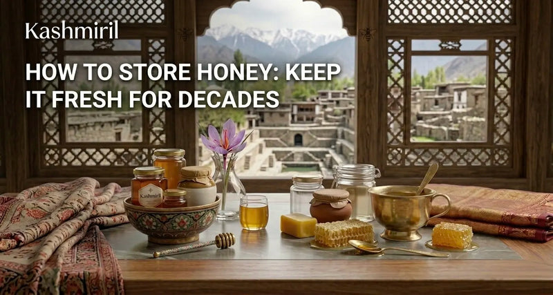 Kashmiril honey jars and honeycomb on a wooden table with Kashmiri mountain view — How to Store Honey: Keep It Fresh for Decades