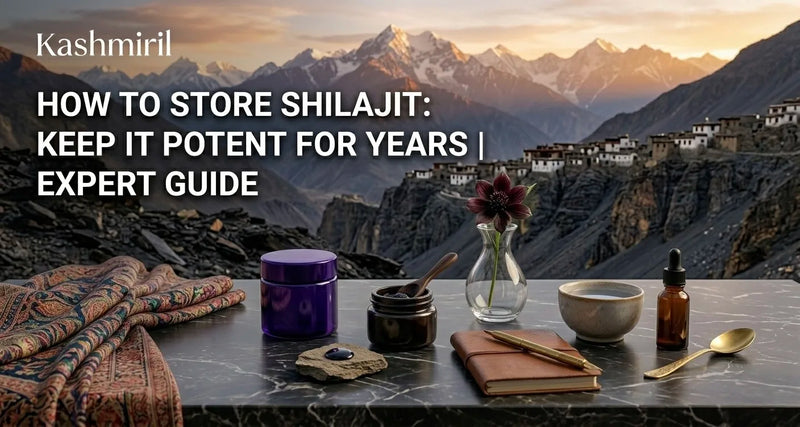How to store Shilajit and keep it potent for years — violet glass jar, resin, and spoon on a marble table with Himalayan view.
