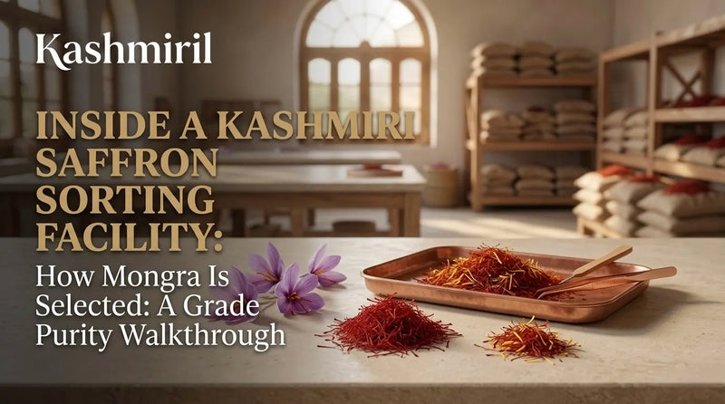 Kashmiril - INSIDE A KASHMIRI SAFFRON SORTING FACILITY: How Mongra Is Selected: A Grade Purity Walkthrough. Copper tray with sorted saffron threads, purple crocus flowers, and tweezers on marble in traditional facility.