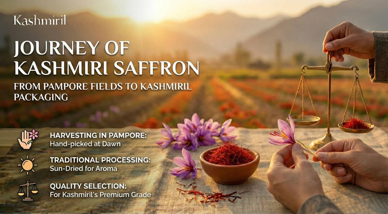Journey of Kashmiri Saffron from fields to Kashmiril packaging with hands holding saffron and a scale.