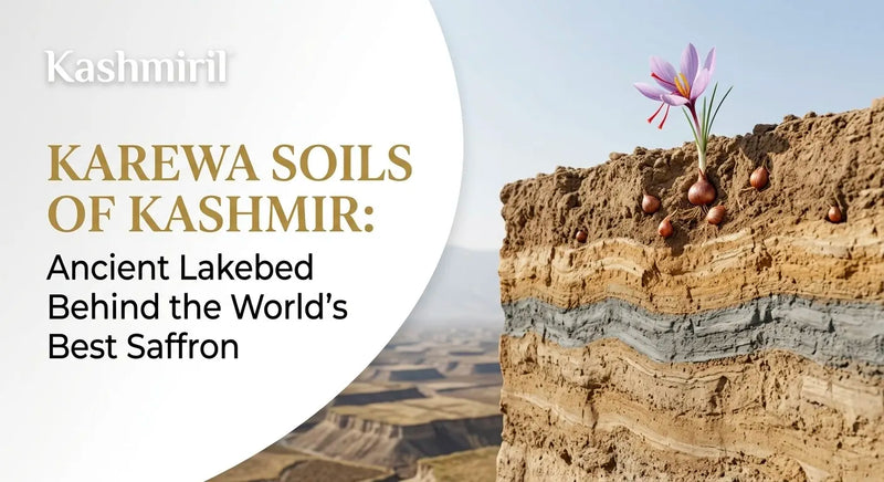 KAREWA SOILS OF KASHMIR: Ancient Lakebed Behind the World's Best Saffron. Layered soil cross-section showing a growing saffron flower.