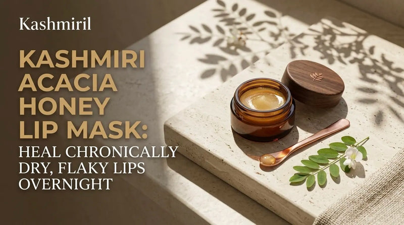 Kashmiril - KASHMIRI ACACIA HONEY LIP MASK: HEAL CHRONICALLY DRY, FLAKY LIPS OVERNIGHT. Open amber jar with wooden lid and spoon on stone tray.