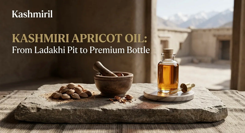 KASHMIRI APRICOT OIL: From Ladakhi Pit to Premium Bottle by Kashmiril. Golden apricot oil in glass bottle with dropper, mortar & pestle, Ladakhi kernels on stone slab with mountain view.