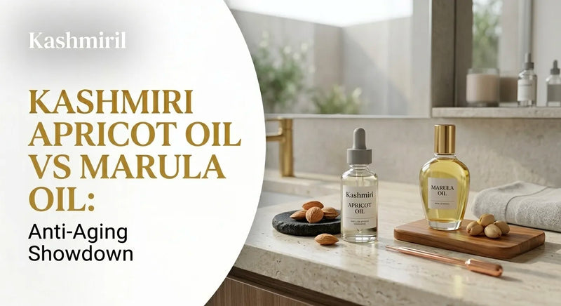 KASHMIRI APRICOT OIL VS MARULA OIL: Anti-Aging Showdown. Bottles of apricot and marula oils on a luxurious bright bathroom vanity.