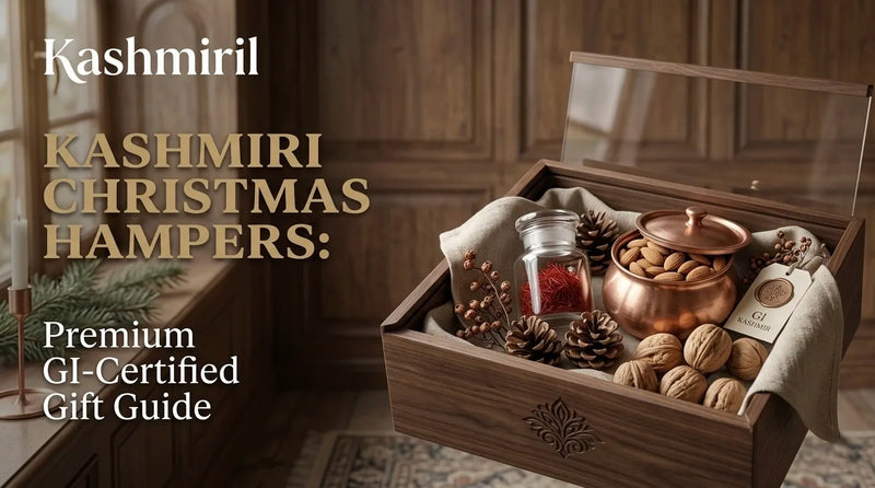 Kashmiril - KASHMIRI CHRISTMAS HAMPERS: Premium GI-Certified Gift Guide. Luxurious wooden hamper box filled with almonds, walnuts, saffron and copper pot in festive setting.