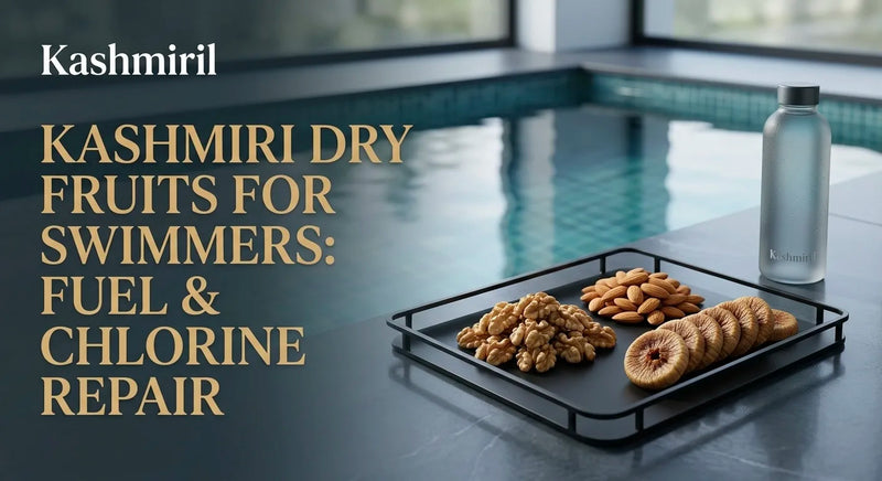Kashmiril - KASHMIRI DRY FRUITS FOR SWIMMERS: FUEL & CHLORINE REPAIR. Black tray with walnuts, almonds and dried figs beside a water bottle by a luxurious swimming pool.