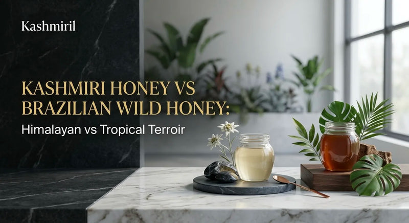 KASHMIRI HONEY VS BRAZILIAN WILD HONEY: Himalayan vs Tropical Terroir. Two distinct honey jars styled with leaves on a marble counter.