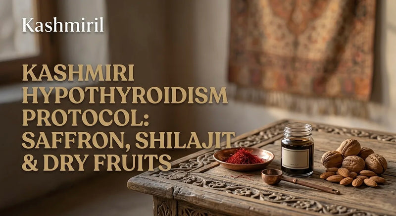 Kashmiril - KASHMIRI HYPOTHYROIDISM PROTOCOL: SAFFRON, SHILAJIT & DRY FRUITS. Glass jar of shilajit, copper bowl of saffron and mixed almonds & walnuts on ornate carved wooden table.