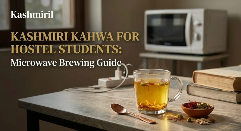 KASHMIRI KAHWA FOR HOSTEL STUDENTS: Microwave Brewing Guide by Kashmiril. Steaming glass mug of aromatic Kashmiri kahwa with saffron, cardamom, and almonds on a desk with microwave and books in background.