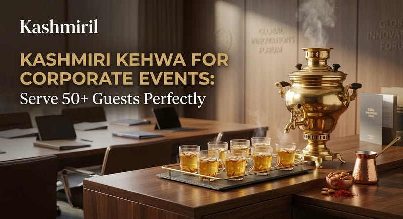 KASHMIRI KEHWA FOR CORPORATE EVENTS: Serve 50+ Guests Perfectly. Elegant golden samovar with steaming glasses of saffron kehwa on conference table. Kashmiril.
