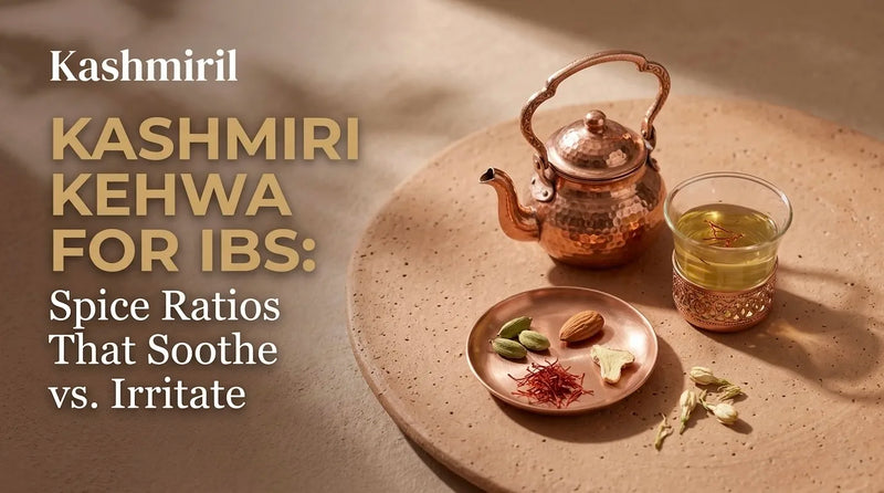 Kashmiril - KASHMIRI KEHWA FOR IBS: Spice Ratios That Soothe vs. Irritate. Copper teapot with glass of kehwa and healing spices on a ceramic tray.