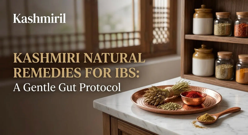 Kashmiril - KASHMIRI NATURAL REMEDIES FOR IBS: A Gentle Gut Protocol. Copper tray with fennel seeds bundle, saffron and spices on marble kitchen counter with wooden shelves in background.