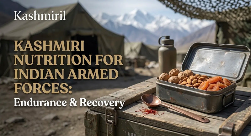 Kashmiril - KASHMIRI NUTRITION FOR INDIAN ARMED FORCES: Endurance & Recovery. Open metal tin filled with walnuts, almonds and dried apricots with copper spoon on wooden crate in mountain military camp setting.