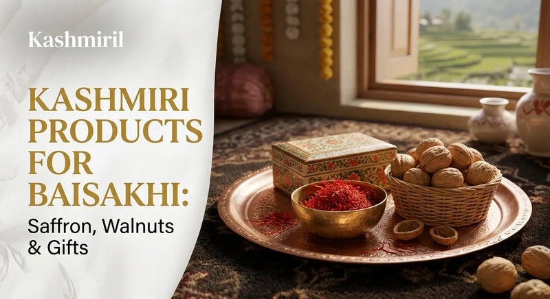 KASHMIRI PRODUCTS FOR BAISAKHI: Saffron, Walnuts & Gifts. Copper tray with saffron, walnuts, and a gift box by a scenic window.